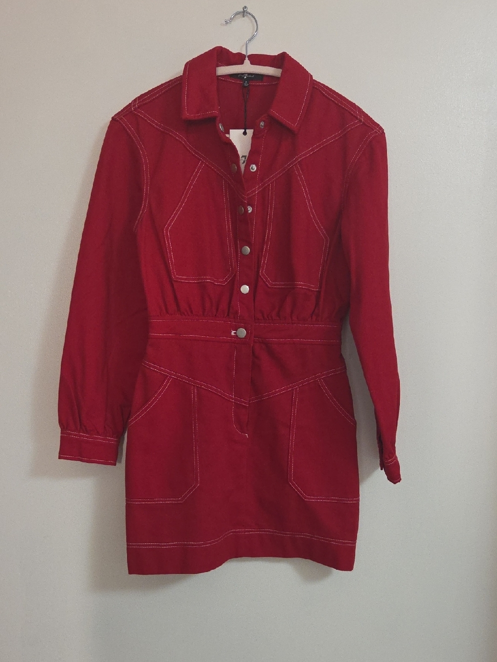 7 For All Mankind Red Long-Sleeve Snap-Front Denim Dress